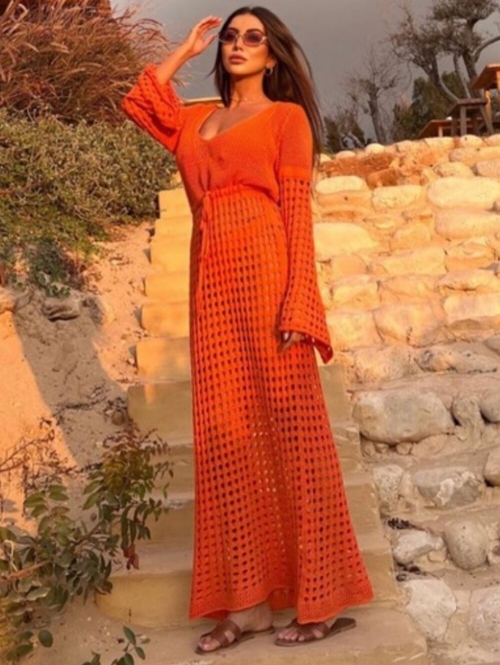Zara Long Mesh Dress Orange size S
